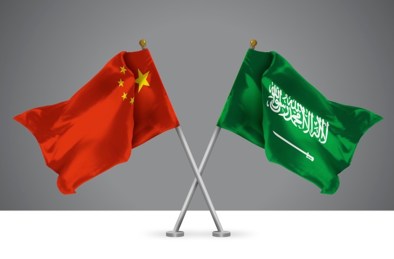 Two,Wavy,Crossed,Flags,Of,China,And,Kingdom,Of,Saudi